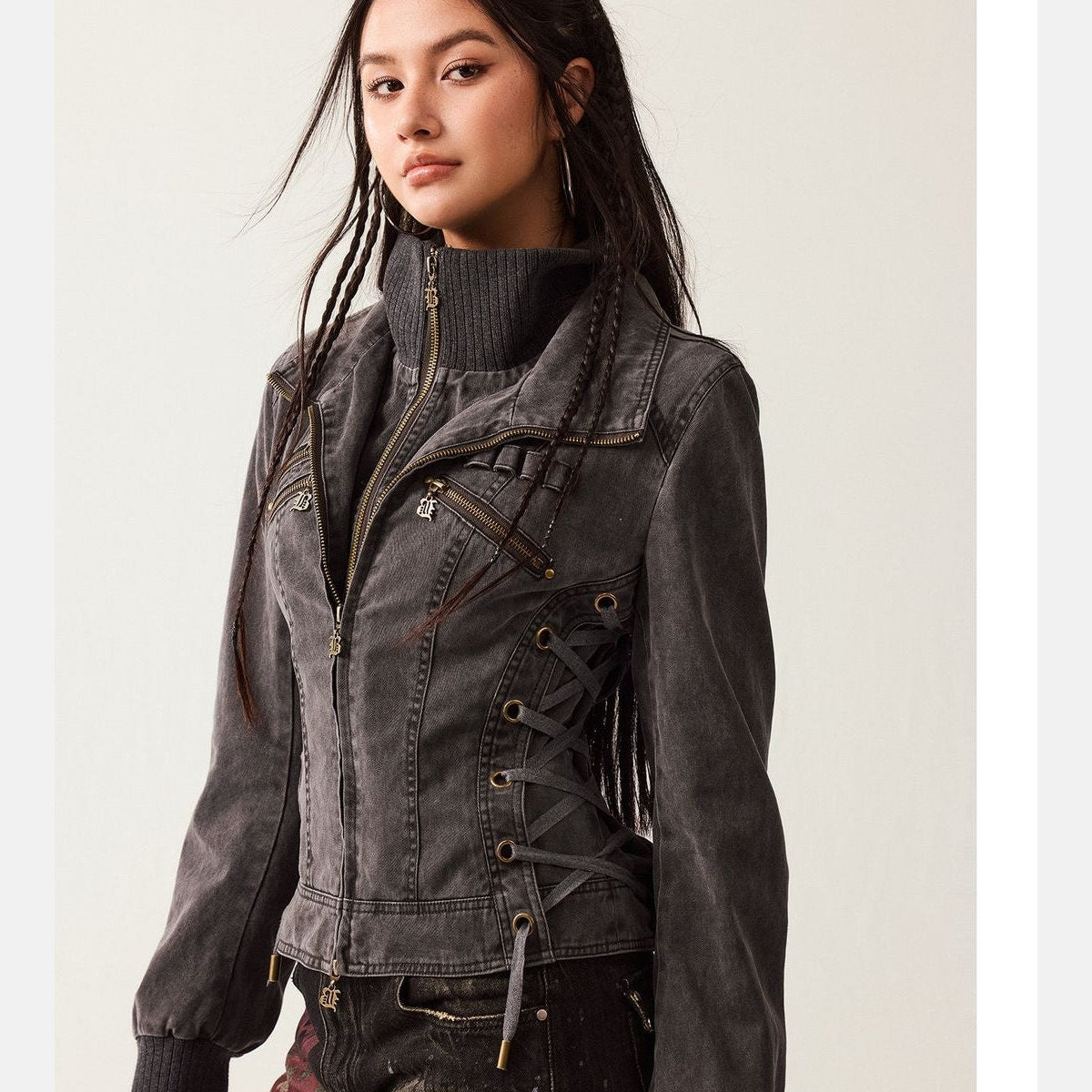 BeerBro Mock Layer Cotton Biker Jacket in Gray - On Model