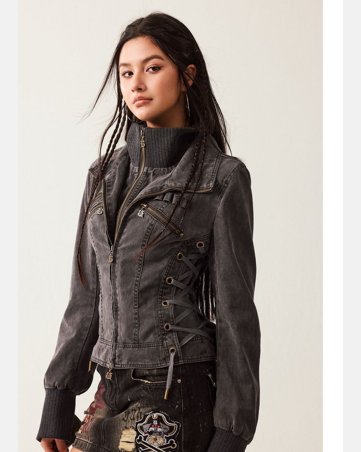 BeerBro Mock Layer Cotton Biker Jacket in Gray - On Model