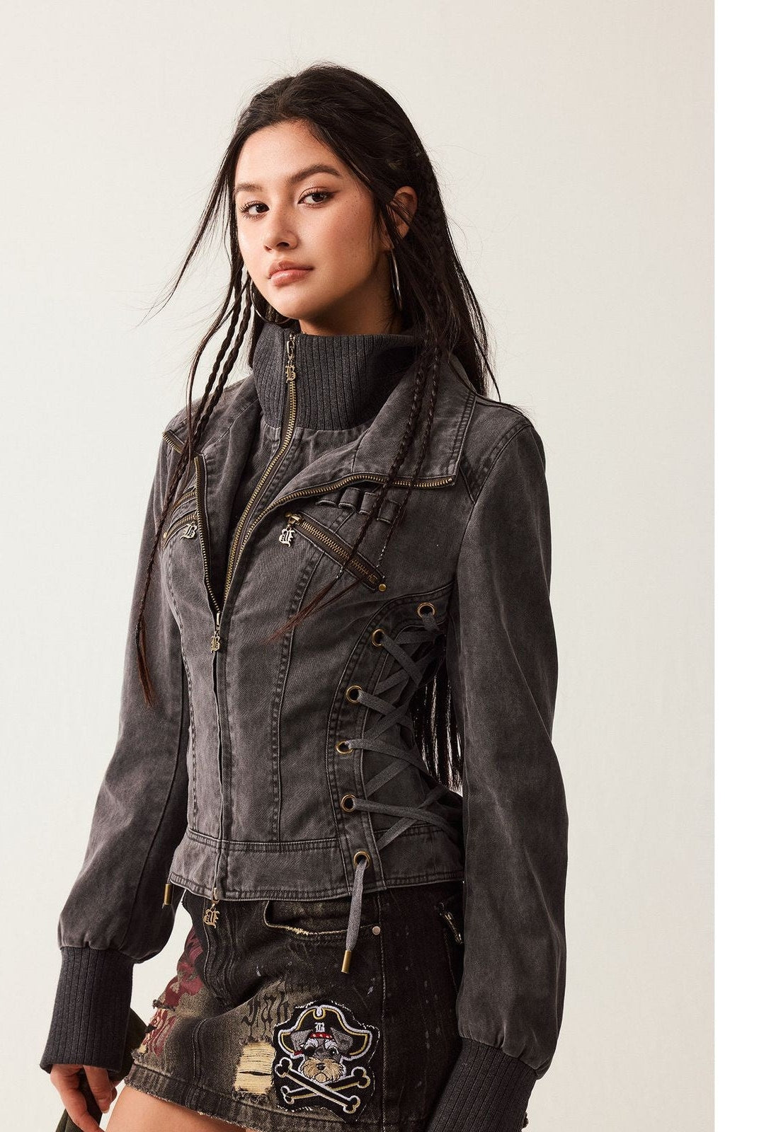 BeerBro Mock Layer Cotton Biker Jacket in Gray - On Model