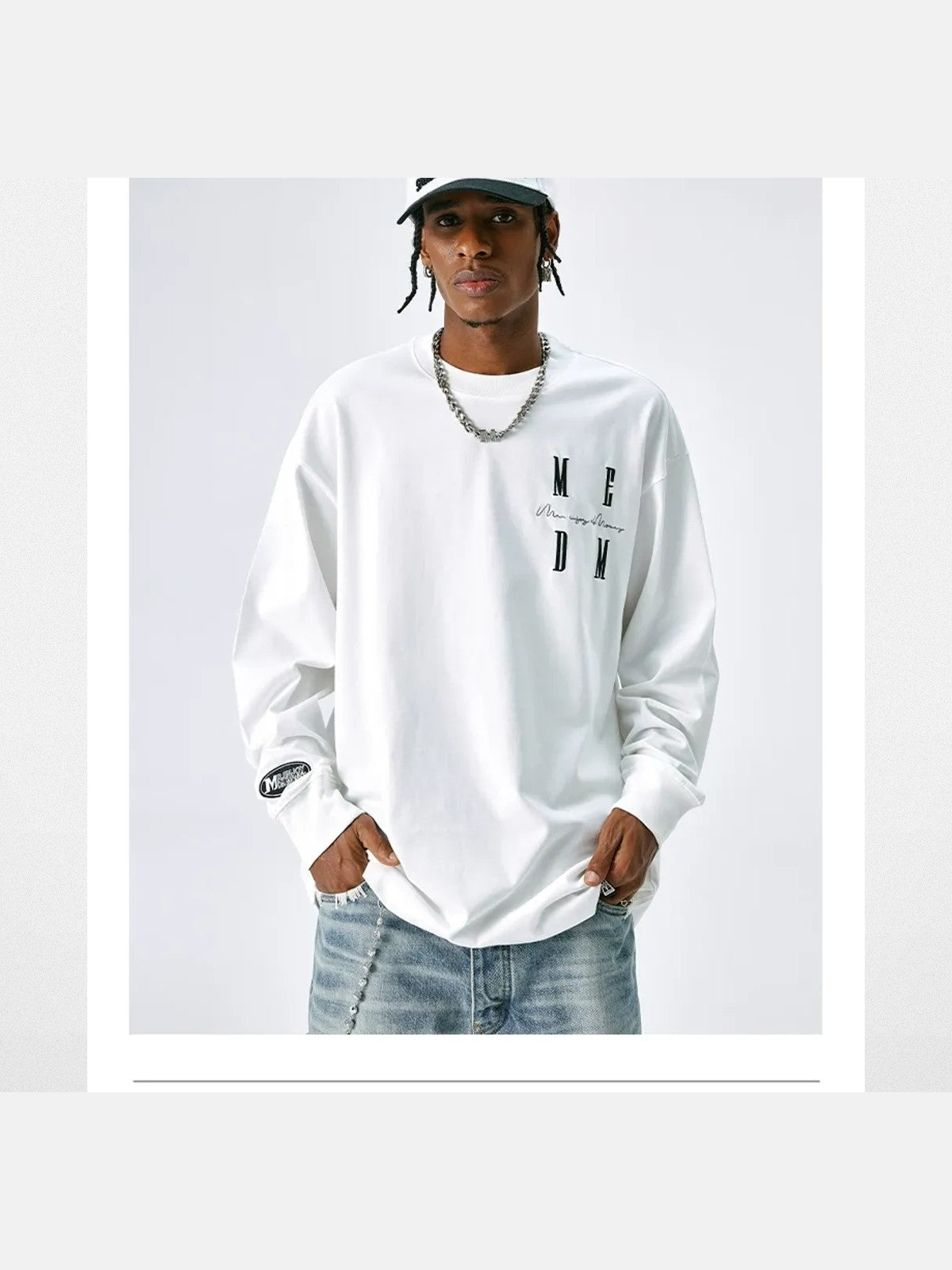 MEDM Embroidered Logo Long Sleeve Tee in White