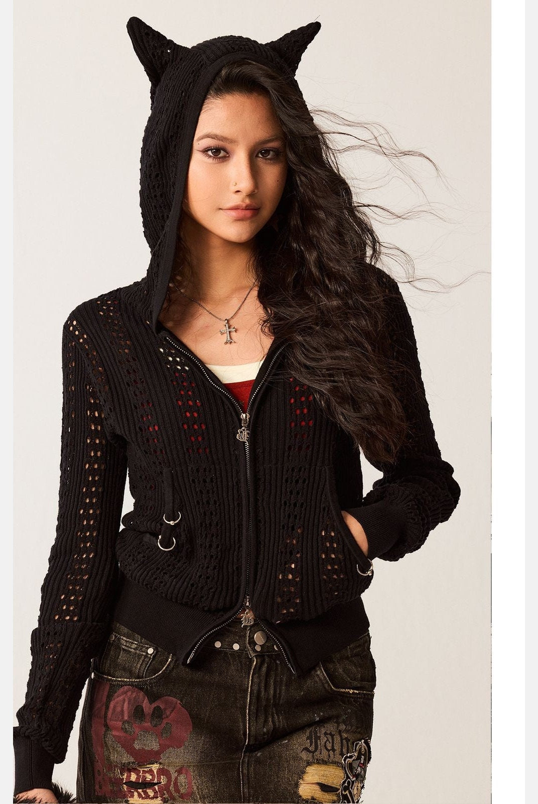 BeerBro Devil Horn Open Knit Cardigan in Black - On Model