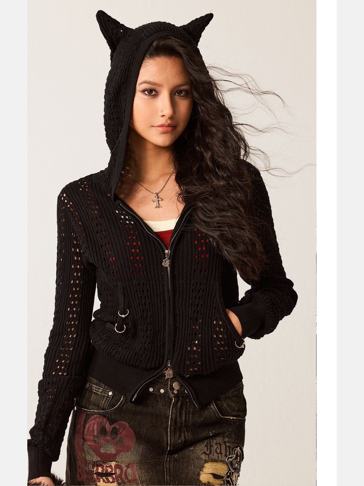 BeerBro Devil Horn Open Knit Cardigan in Black - On Model