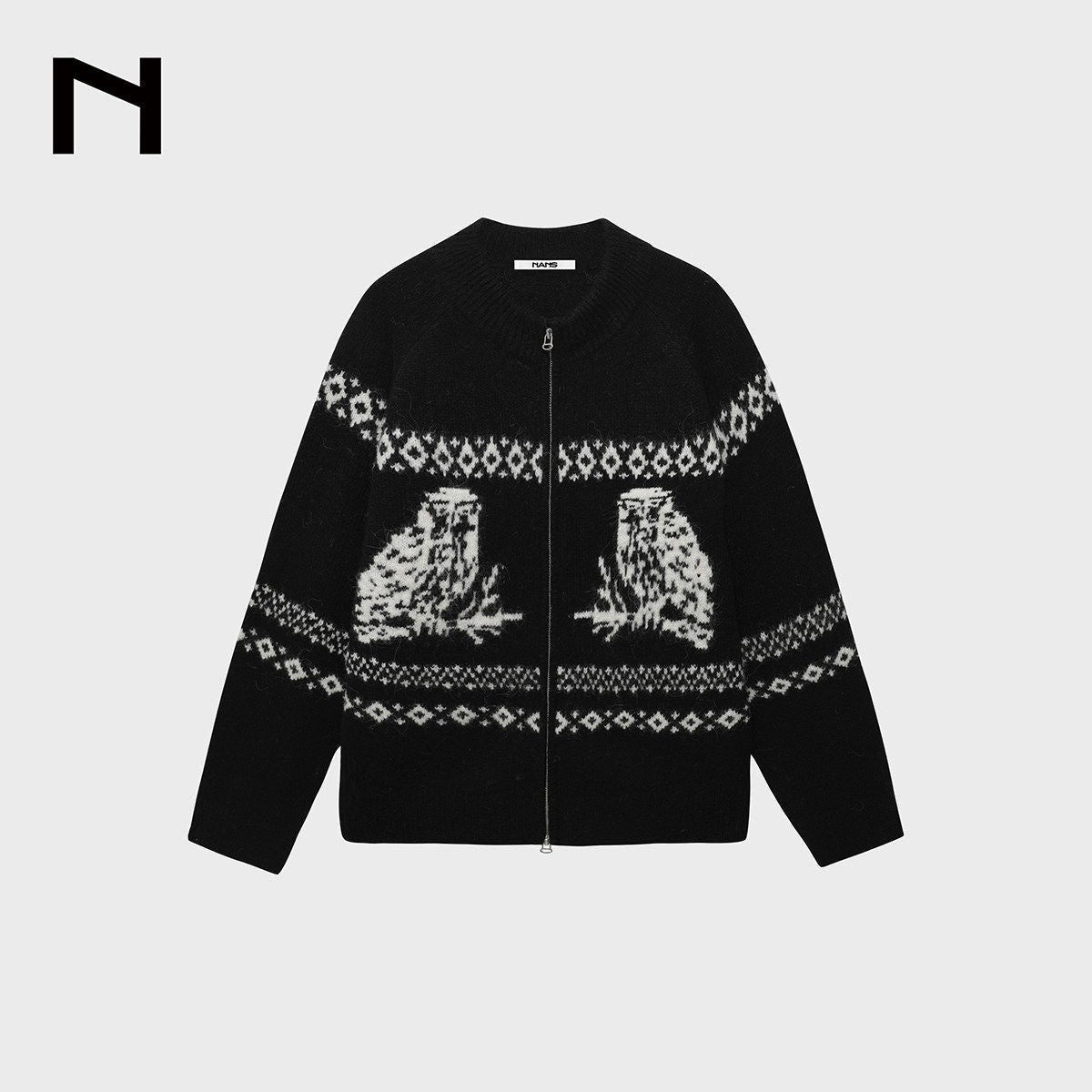 NANS Alpaca Blend Animal Jacquard Cardigan in Black