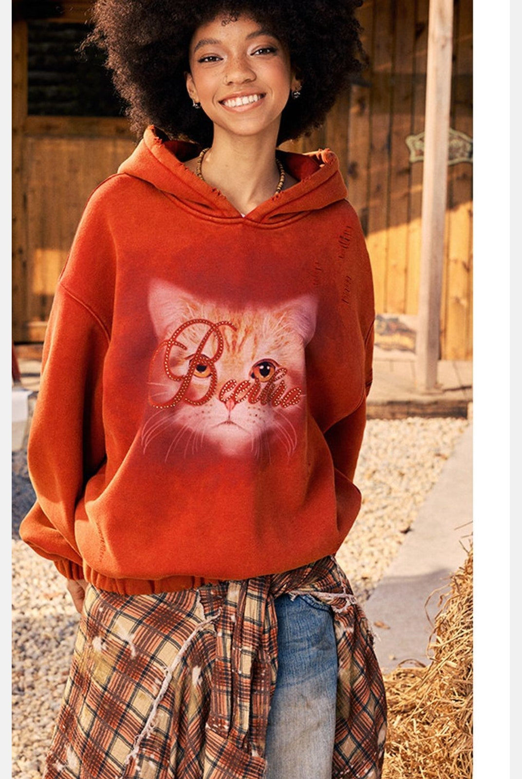 Beer Bro Distressed Cat Graphic Hoodie in Orange - On Model