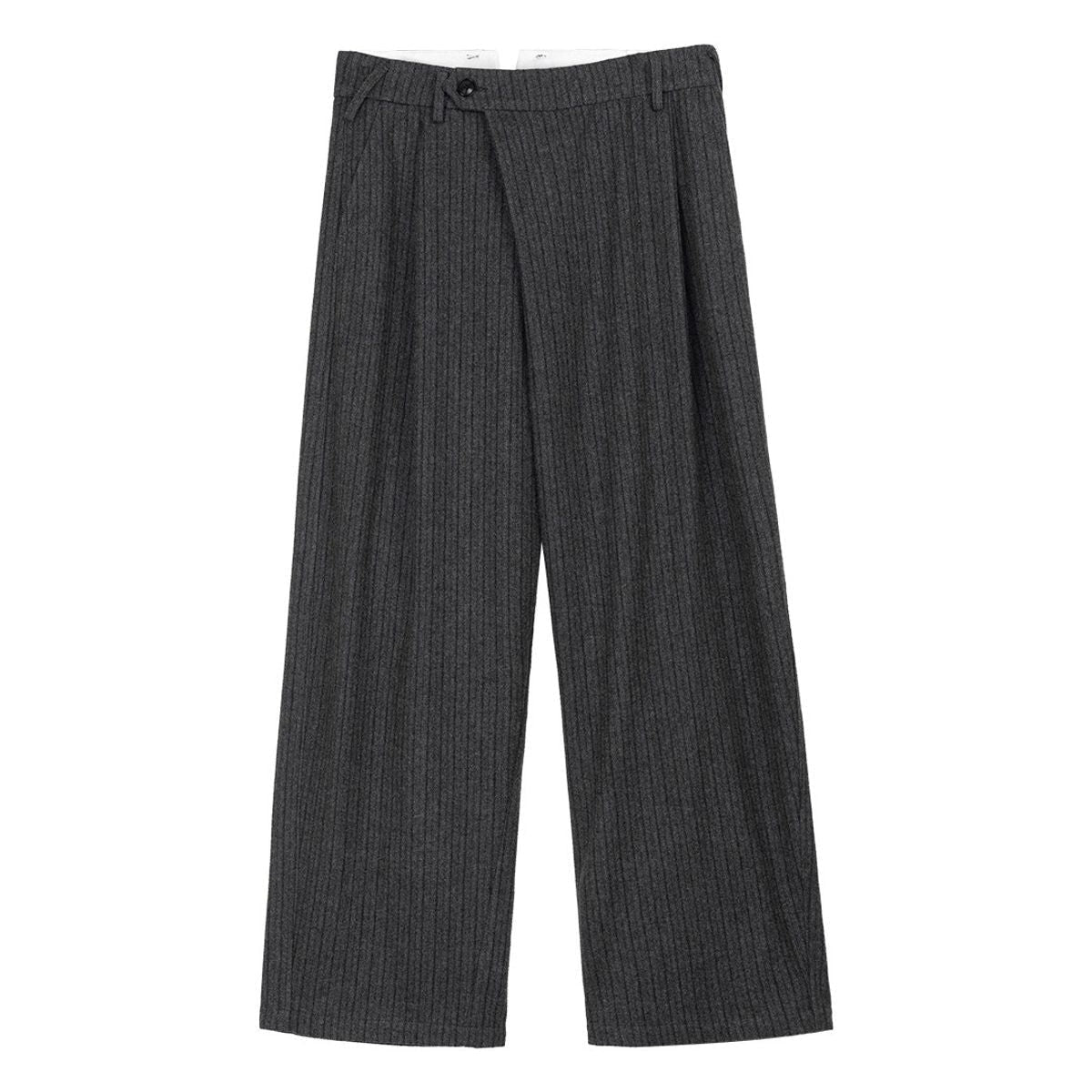 Simple Project Folded Placket Pleated Striped Wool Trousers in Gray