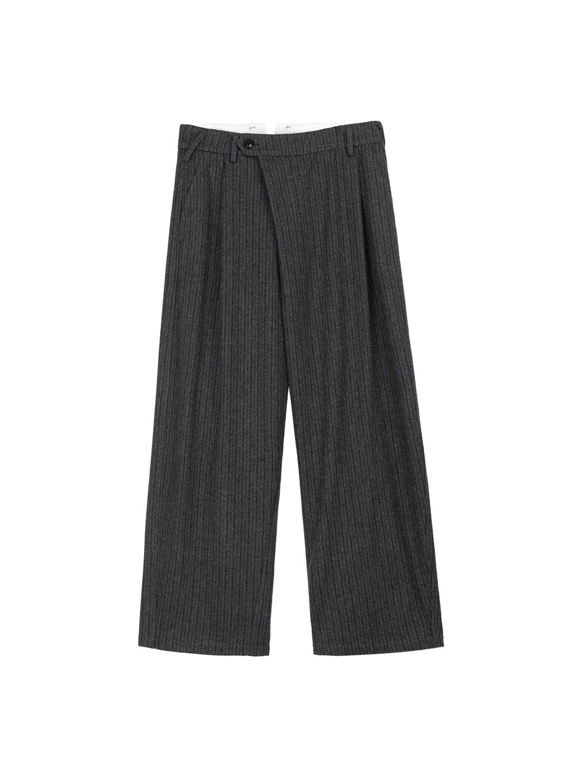 Simple Project Folded Placket Pleated Striped Wool Trousers in Gray