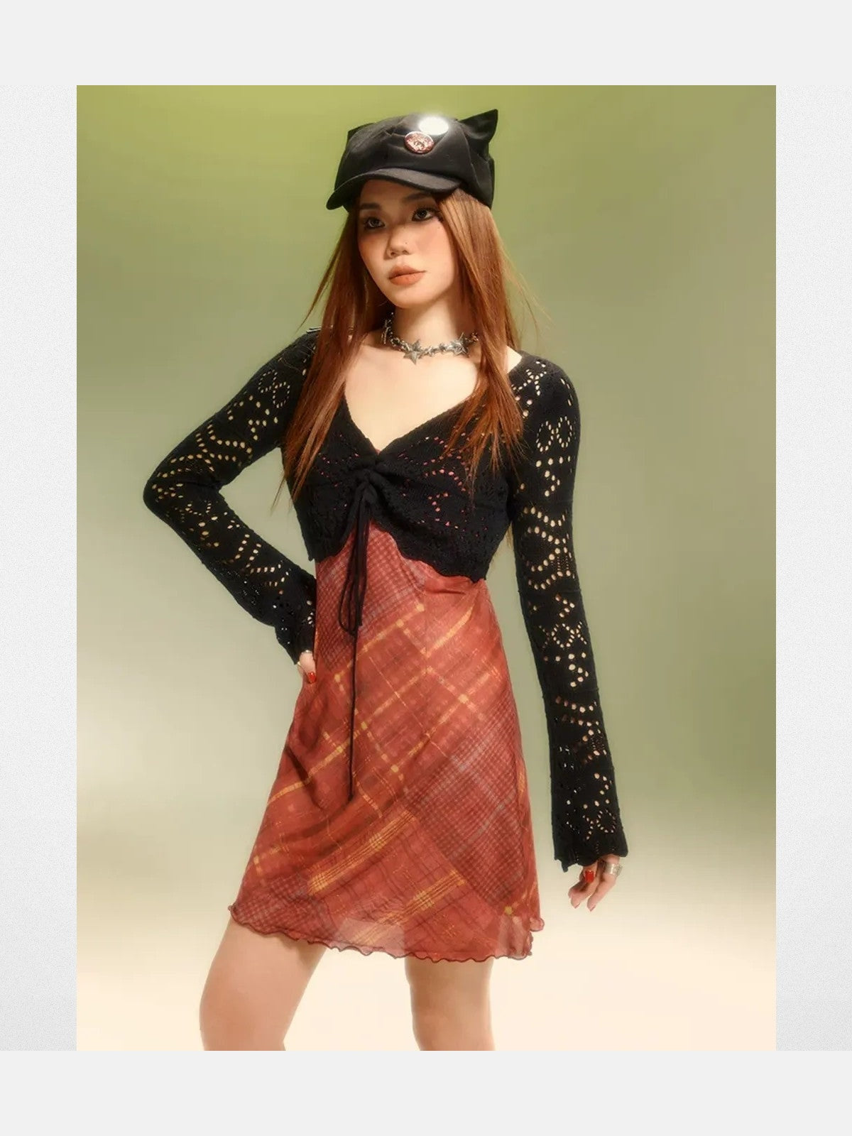 BeerBro Plaid Mesh Mini Dress in Brown - On Model