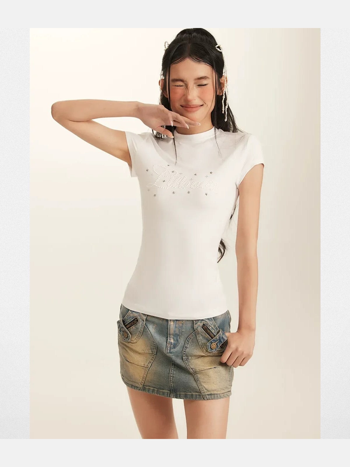 BeerBro Pearl Rhinestone Graphic Baby Tee in White - On Model