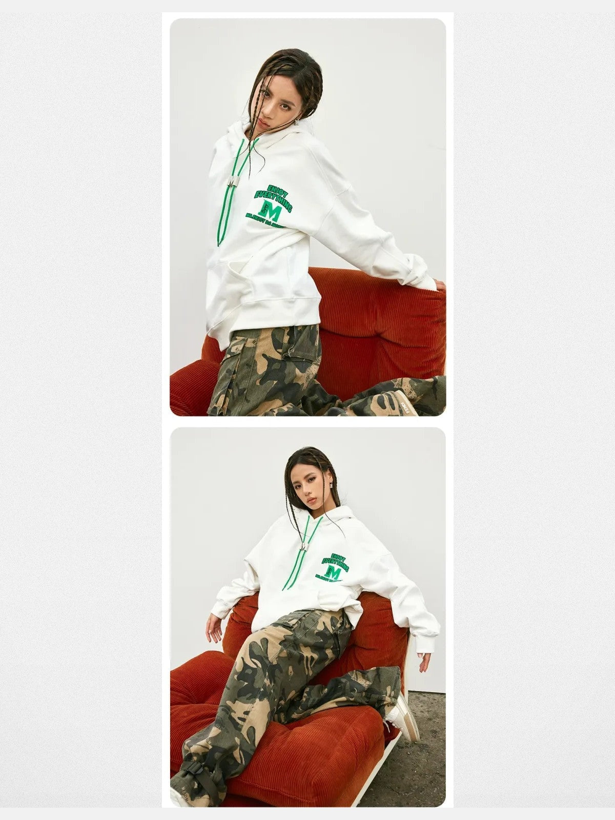 MEDM M Buckle Graphic Hoodie in White - On Female Model