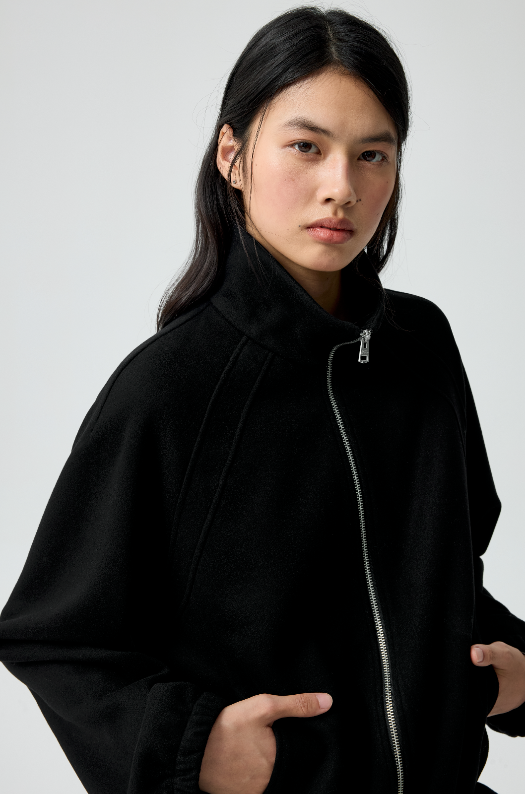 Simple Project Ruffled Stand Collar Zip Up Sweatshirt in Black - Detail