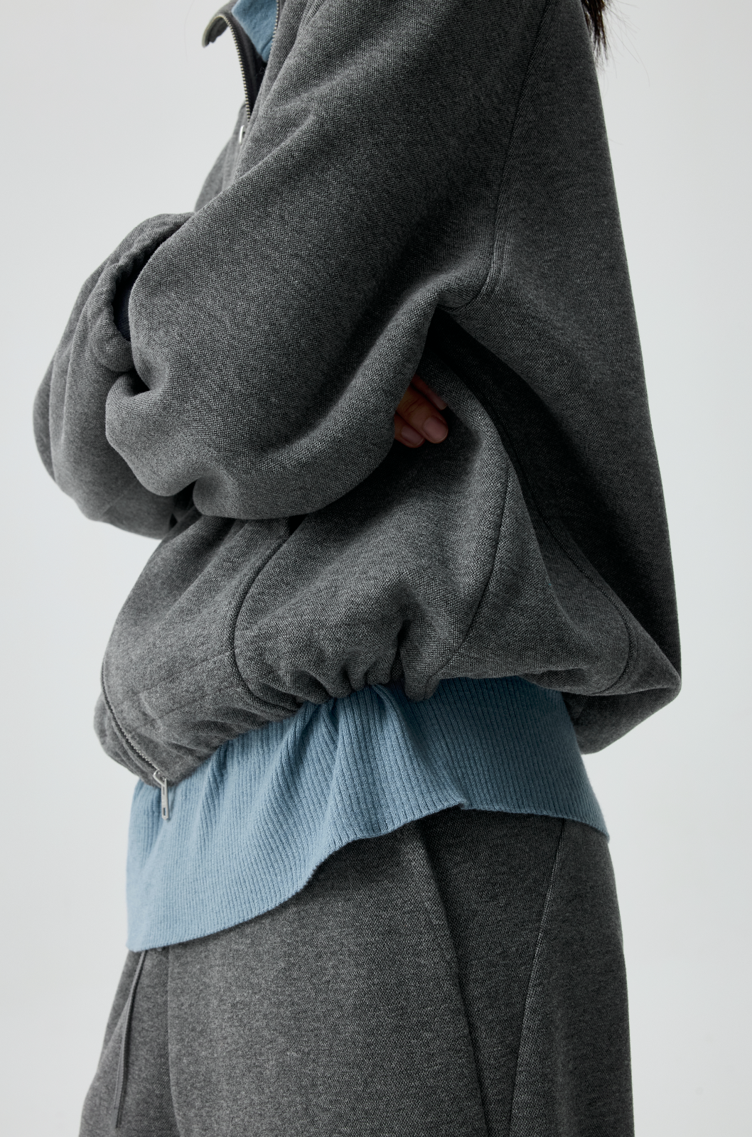 Simple Project Ruffled Stand Collar Zip Up Sweatshirt in Gray - Detail