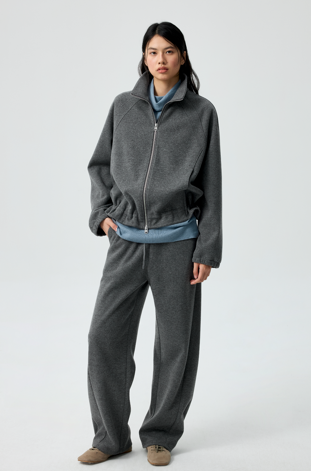 Simple Project Ruffled Stand Collar Zip Up Sweatshirt in Gray - On Model