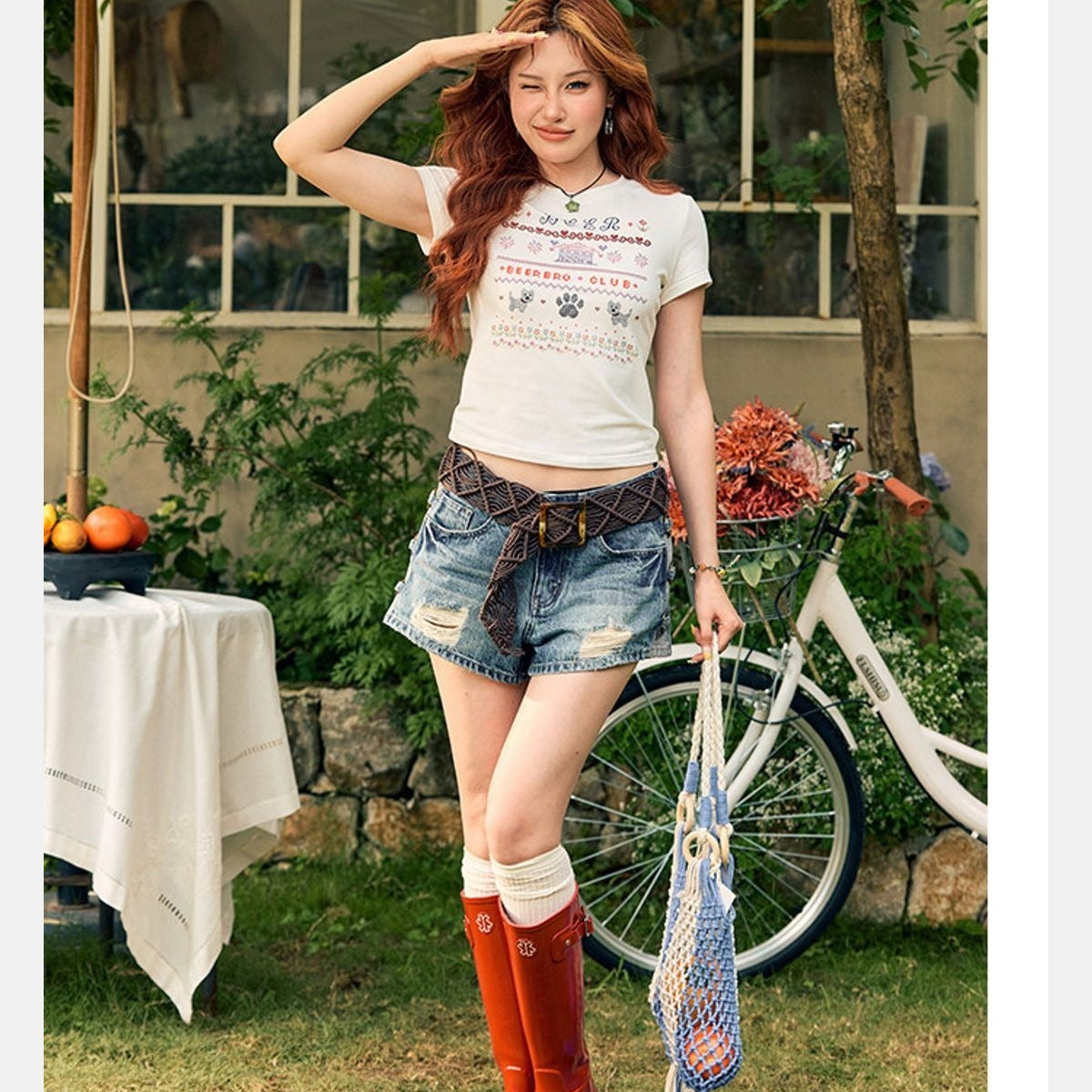 BeerBro Mosaic Puppy Graphic Baby Tee in White - On Model