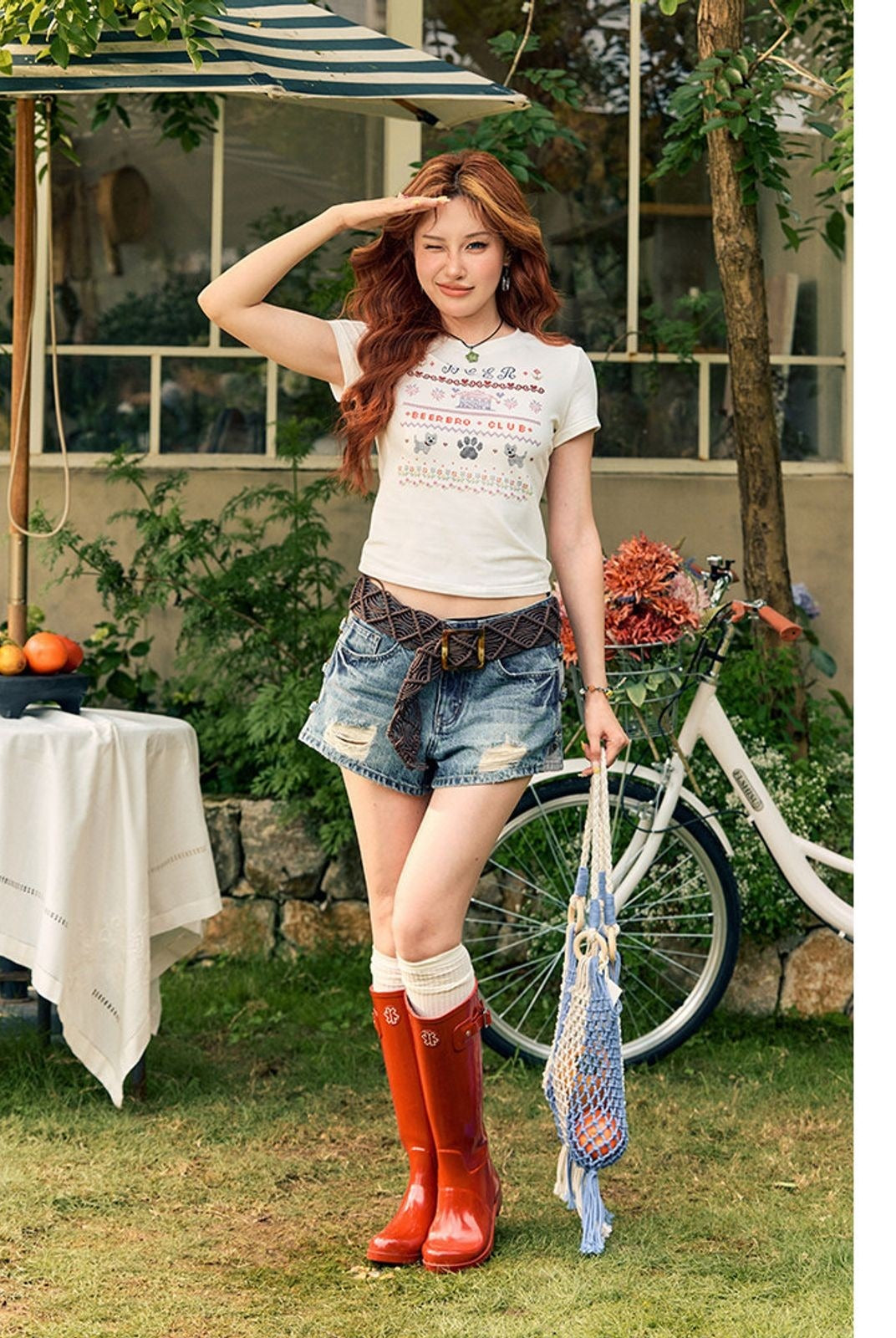 BeerBro Mosaic Puppy Graphic Baby Tee in White - On Model