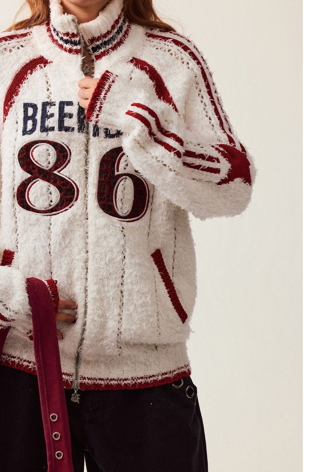 Beer Bro Varsity Patch Zip Up Cardigan in Off-White - On Model