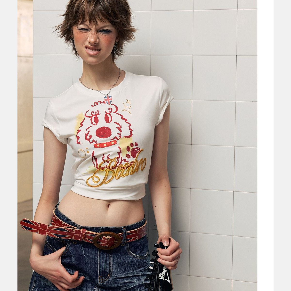 BeerBro Puff Print Puppy Baby Tee in White - On Model