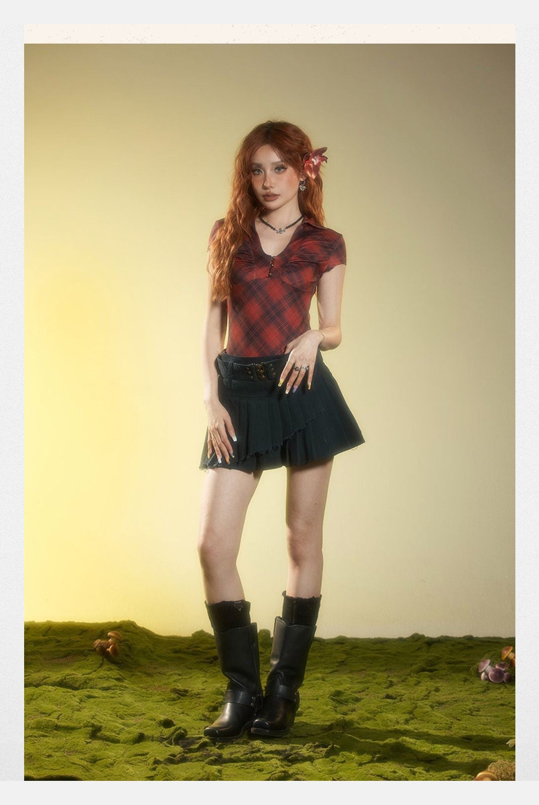 BeerBro Plaid V Neck Collared Top in Burgundy - On Model