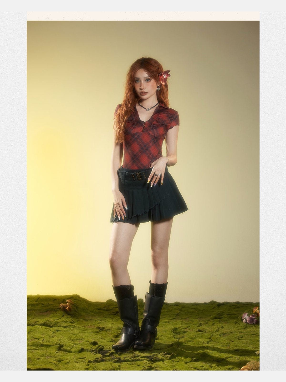 BeerBro Plaid V Neck Collared Top in Burgundy - On Model