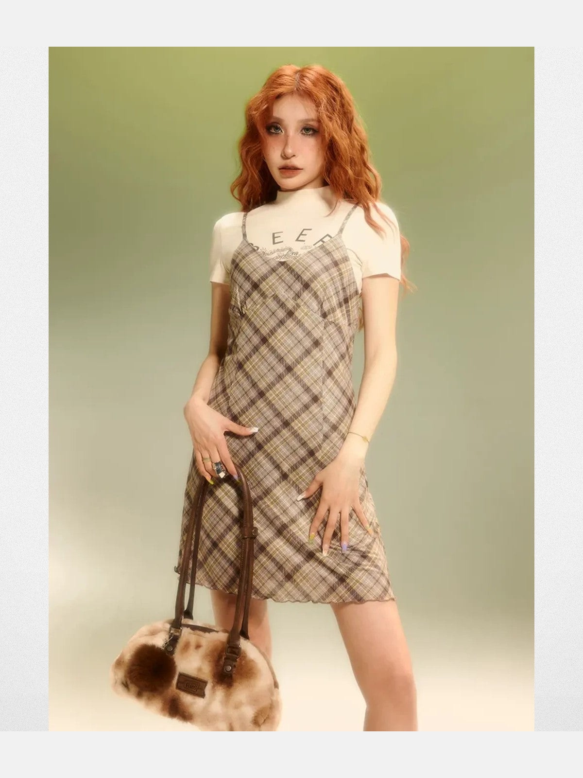 BeerBro Plaid Mesh Mini Dress in Yellow - On Model