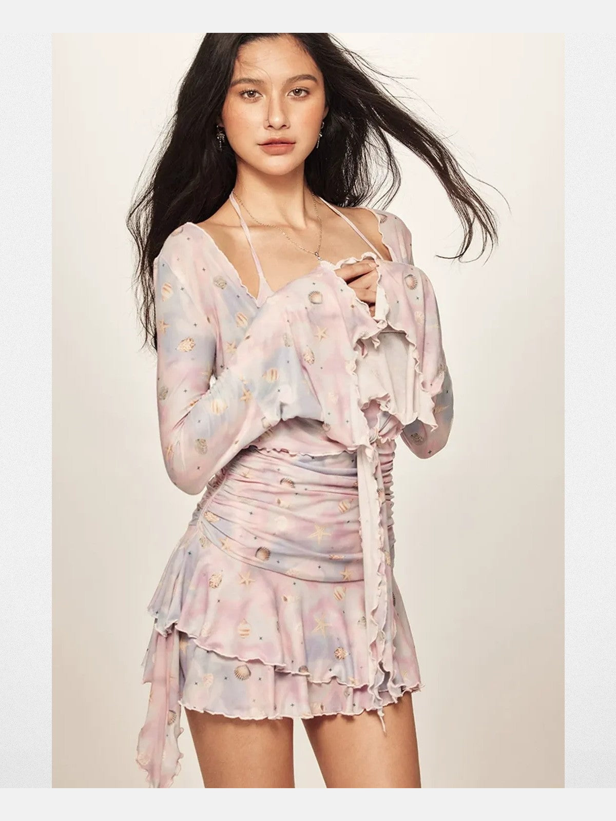 BeerBro Beaded Shell Print Mesh Dress in Pink - On Model