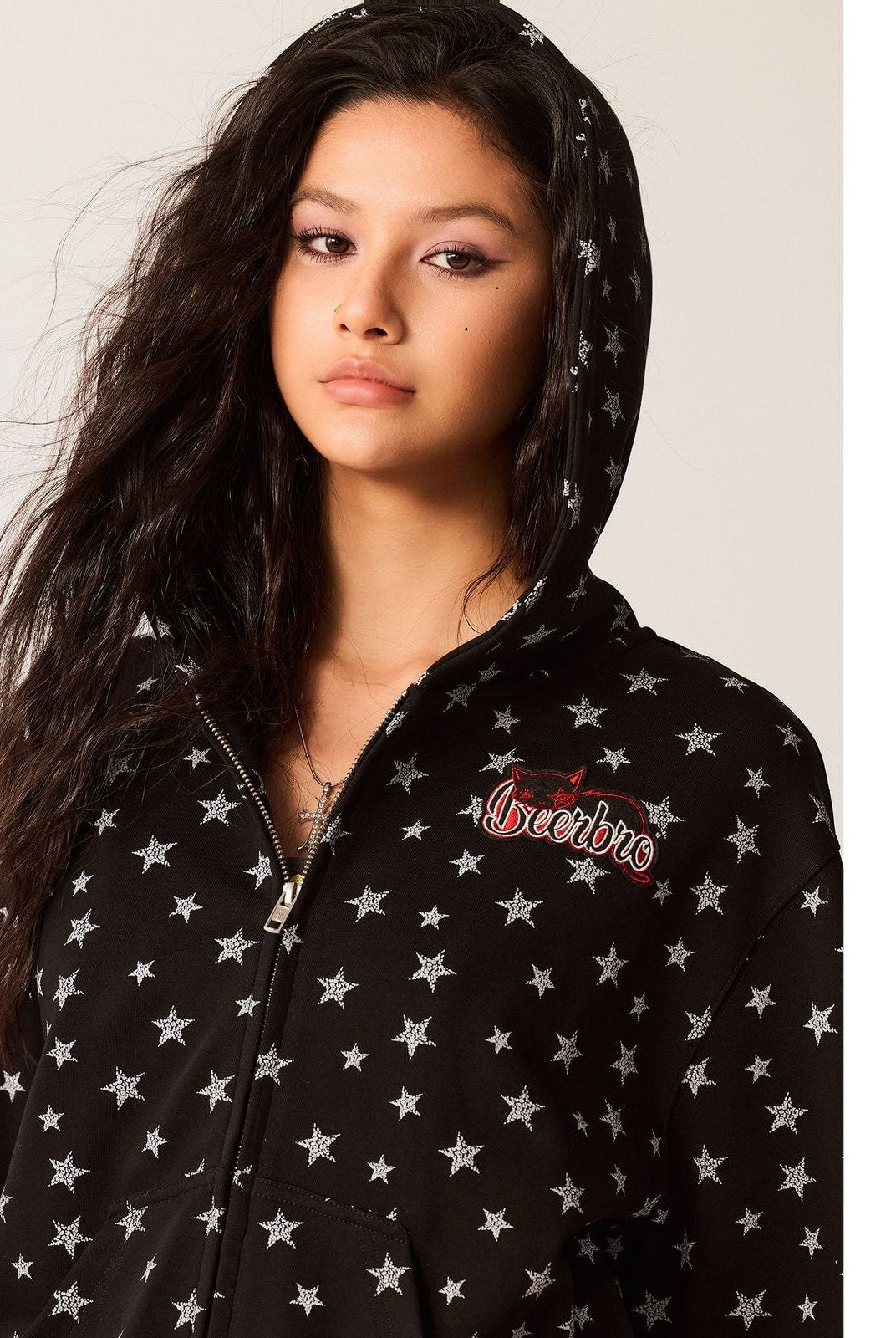 Beer Bro Allover Star Print Zip Up Hoodie in Black - On Model
