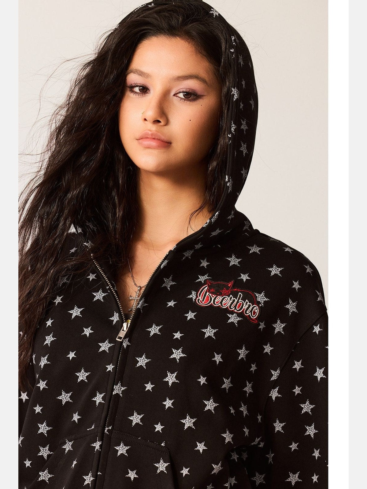 Beer Bro Allover Star Print Zip Up Hoodie in Black - On Model