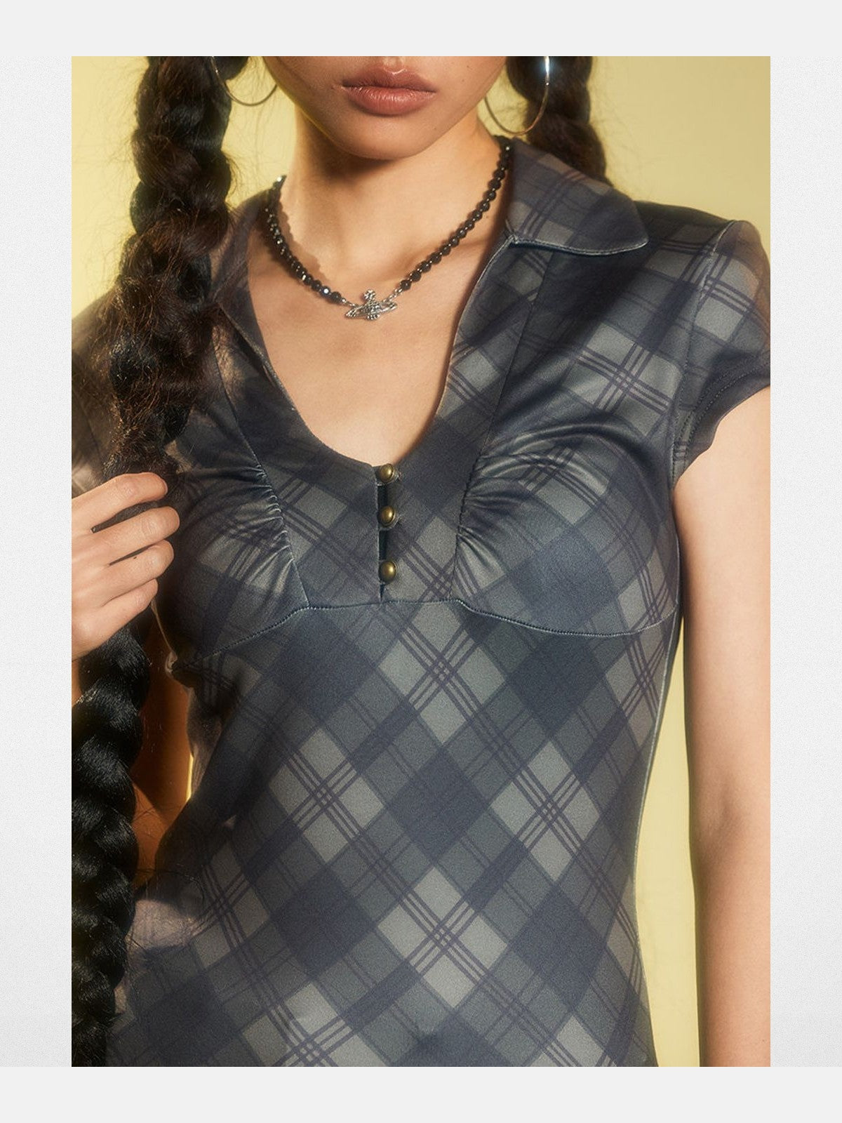 BeerBro Plaid V Neck Collared Top in Gray - On Model