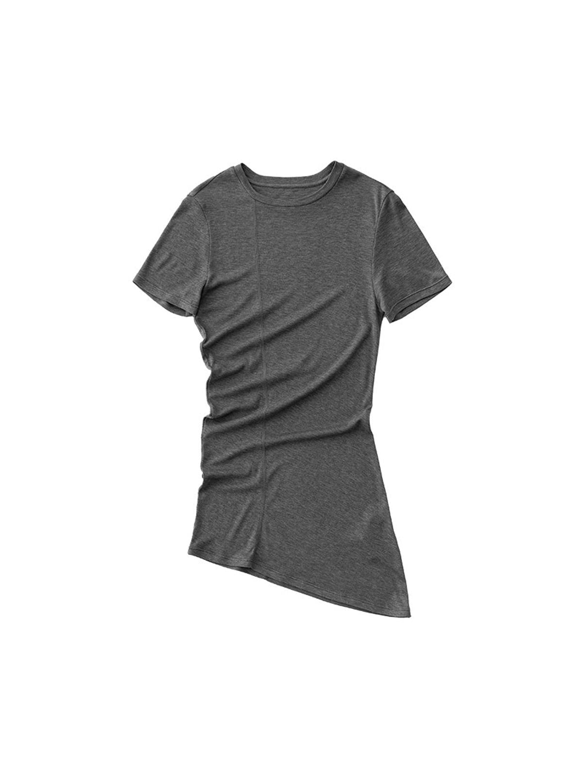RandomPiece Asymmetric Ruched Silk Blend Tee in Gray