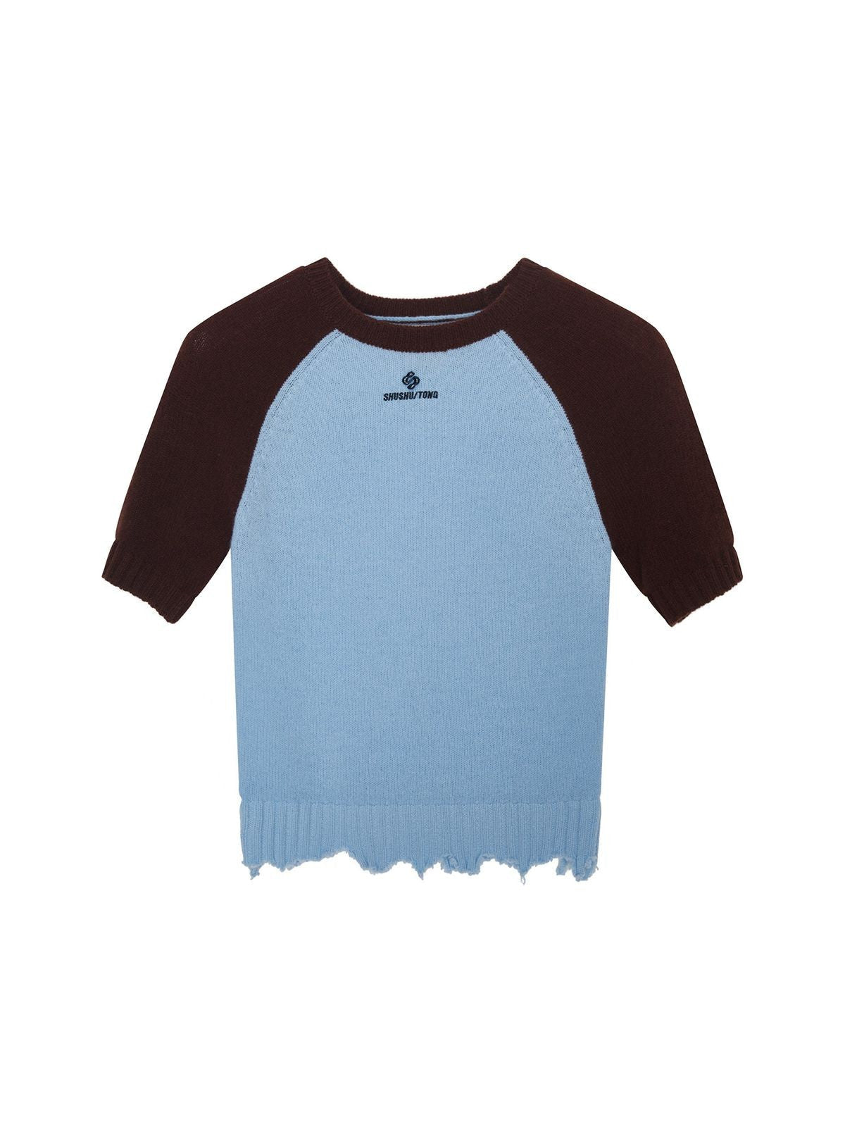 SHUSHUTONG Color Block Raw Edge Lambswool Top in Blue