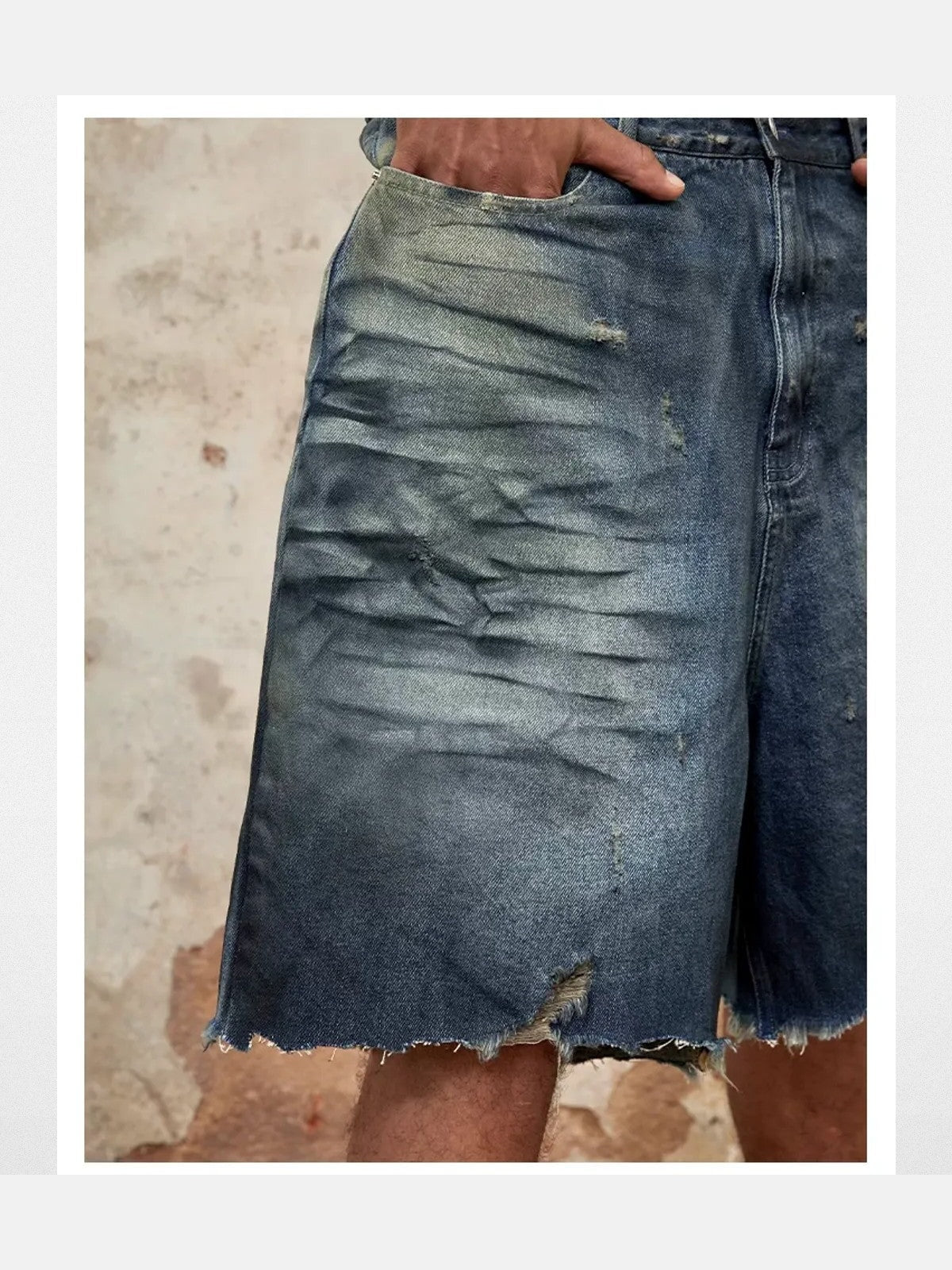 TRIANGLE PROJECT Deconstructed Distressed Denim Shorts in Blue - On Model