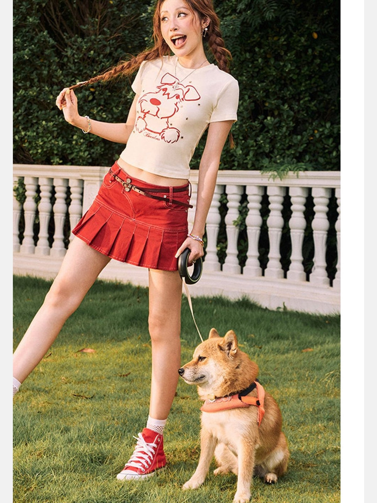 BeerBro Schnauzer Rhinestone Cropped Tee in Cream - Lifestyle