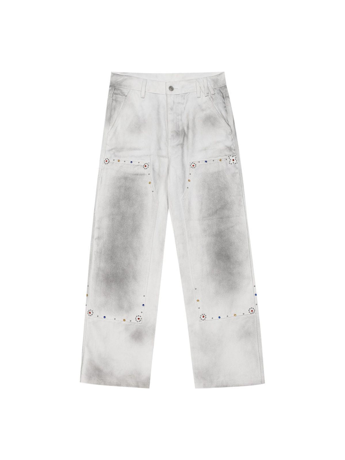 MEDM Rhinestone Double Knee Jeans in White