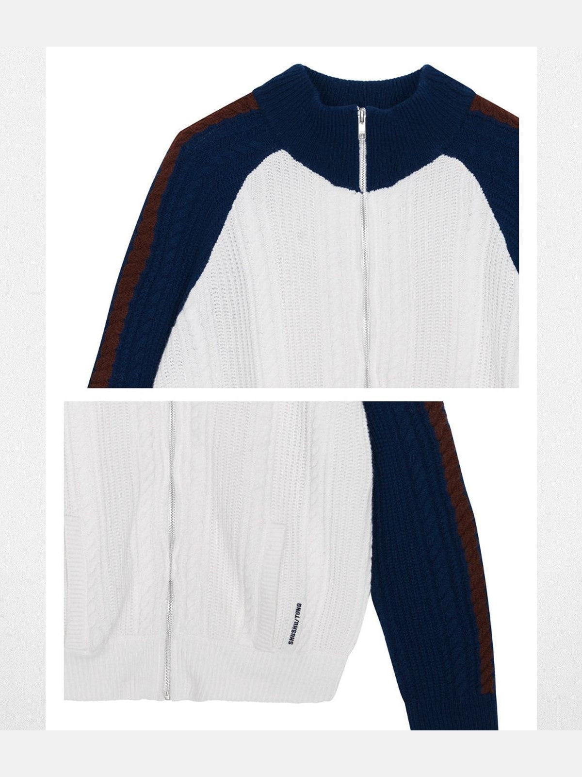 SHUSHUTONG Color Block Wool Zip Cardigan in White - Detail