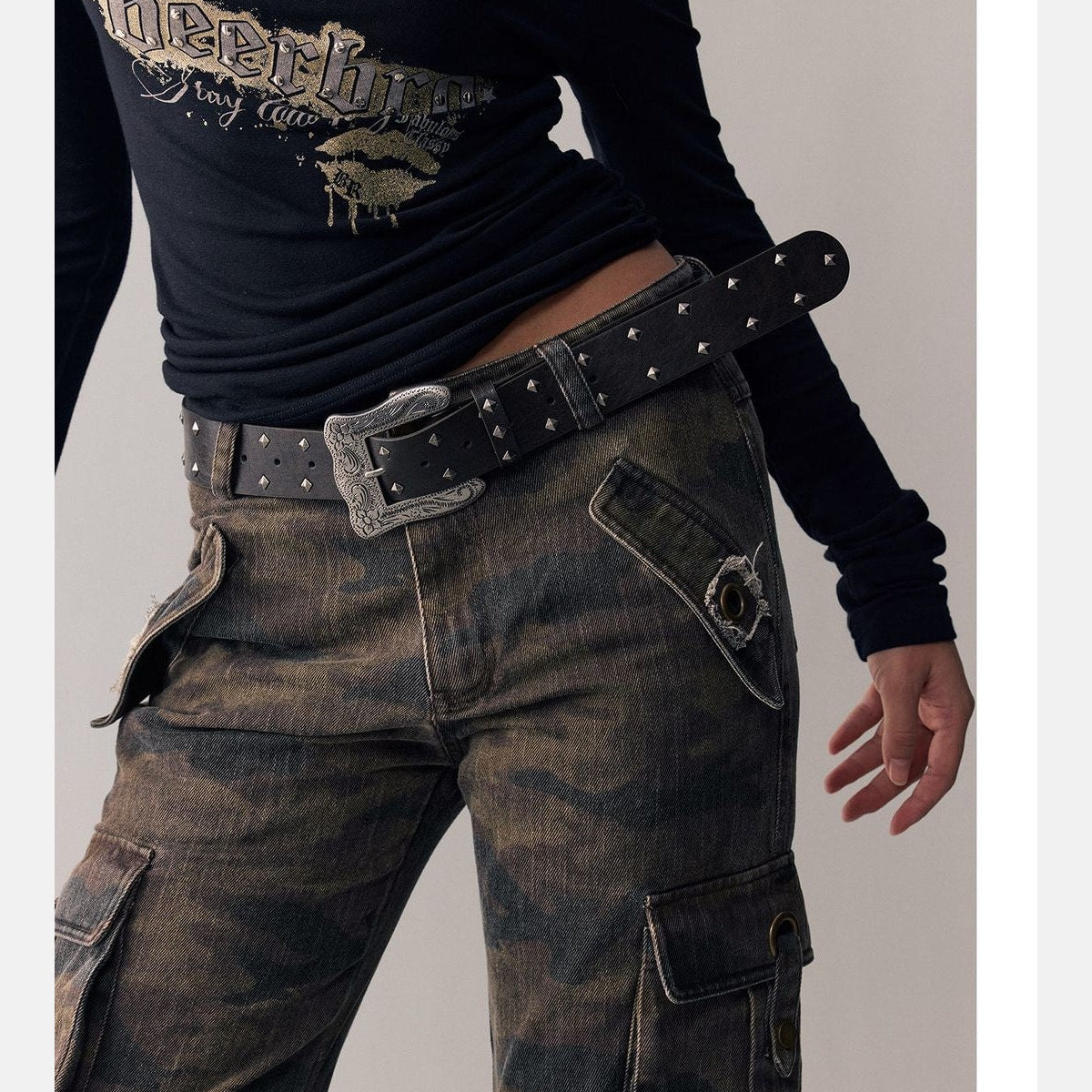 Beer Bro Washed Camo Micro Flare Cargo Pants in Brown - On Model