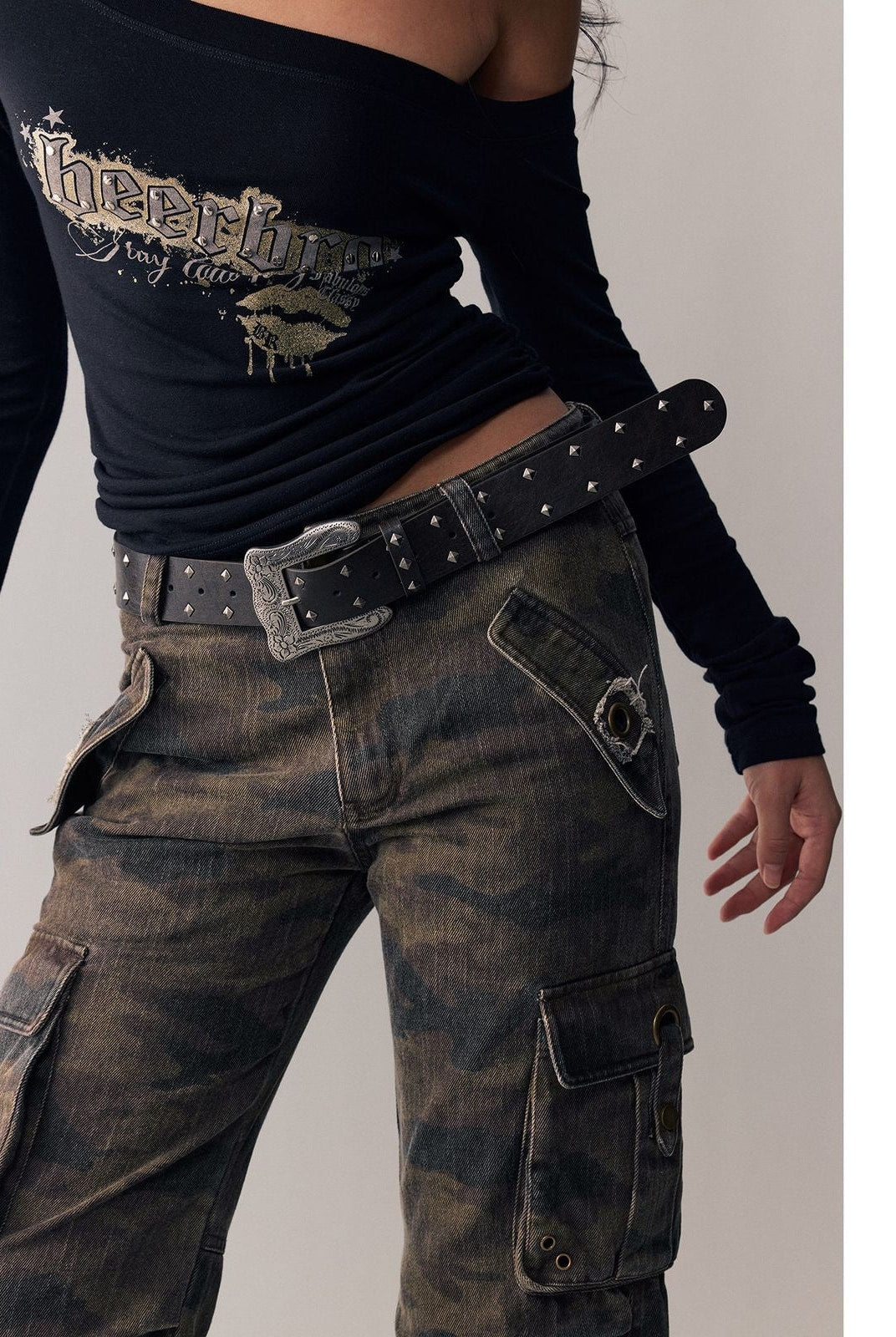 Beer Bro Washed Camo Micro Flare Cargo Pants in Brown - On Model