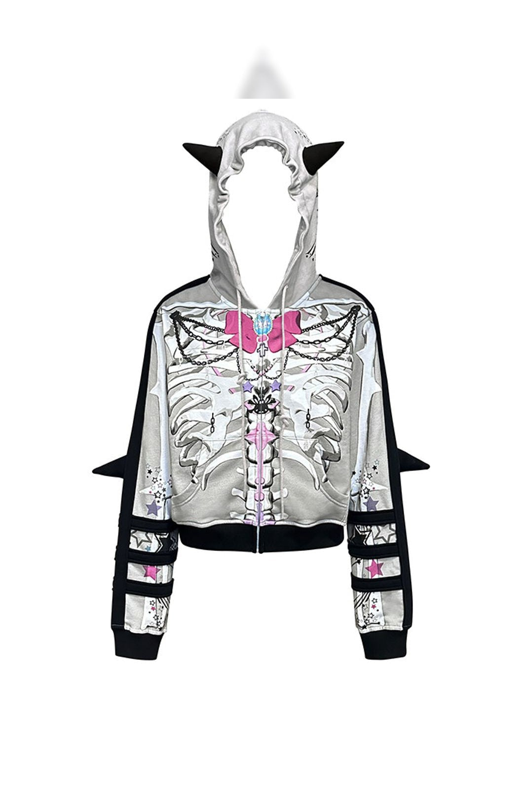 CFIERCE Bow Skull Horned Zip Hoodie in Gray