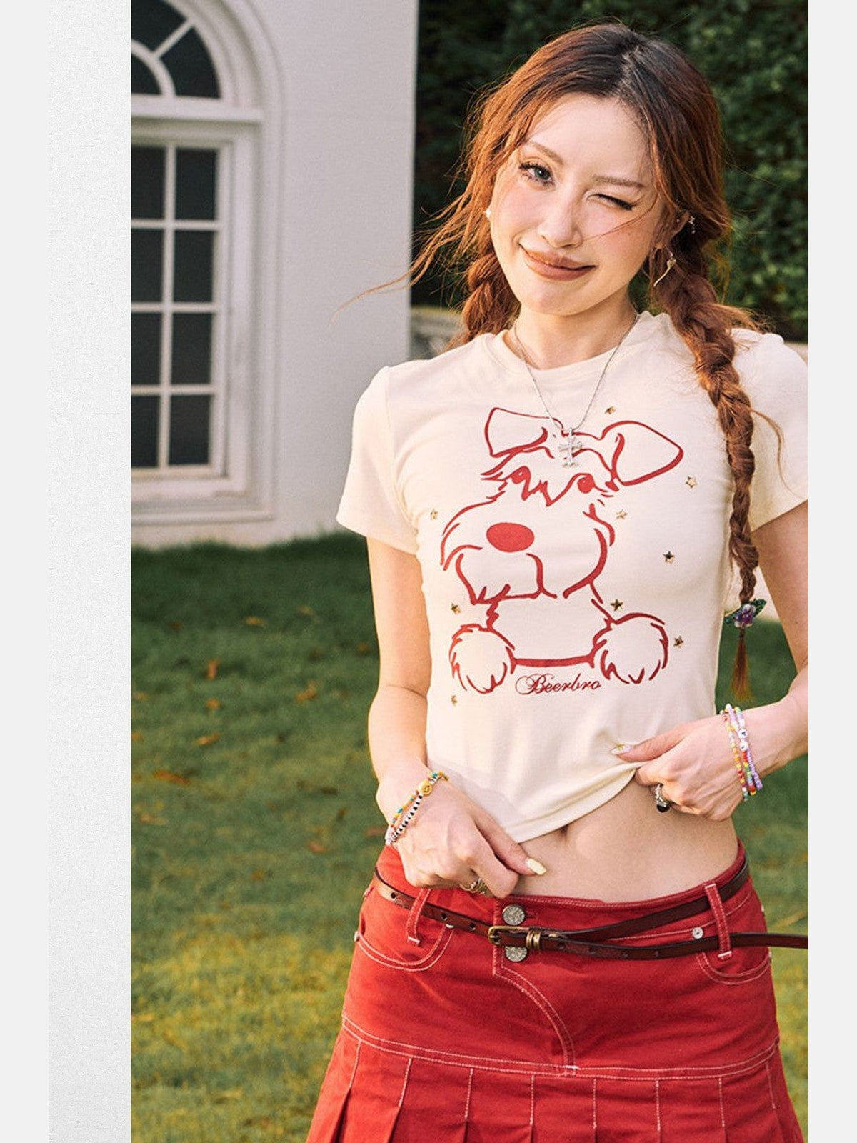 BeerBro Schnauzer Rhinestone Cropped Tee in Cream - On Model