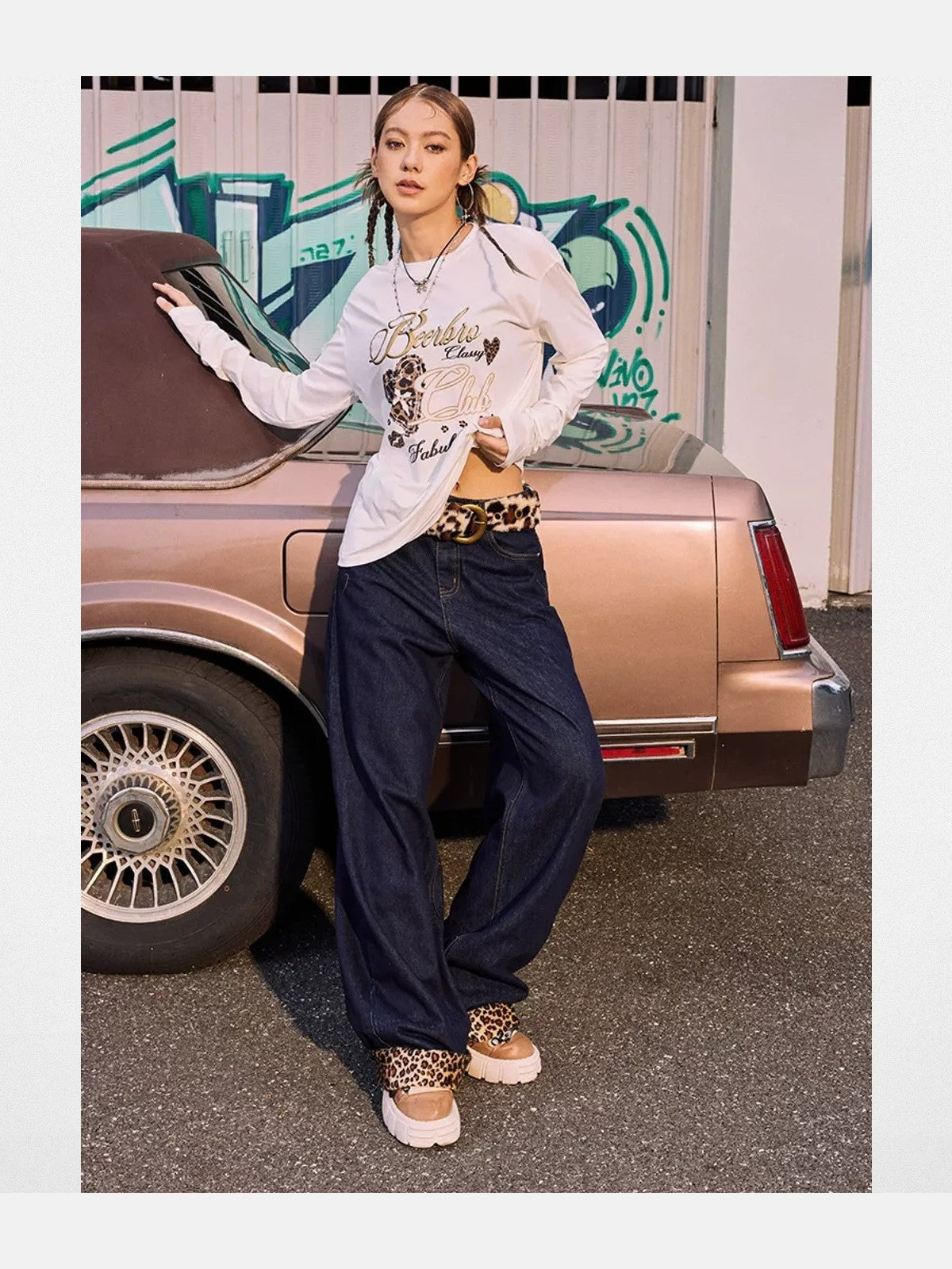 BeerBro Leopard Cuff Wide Leg Jeans in Blue - On Model