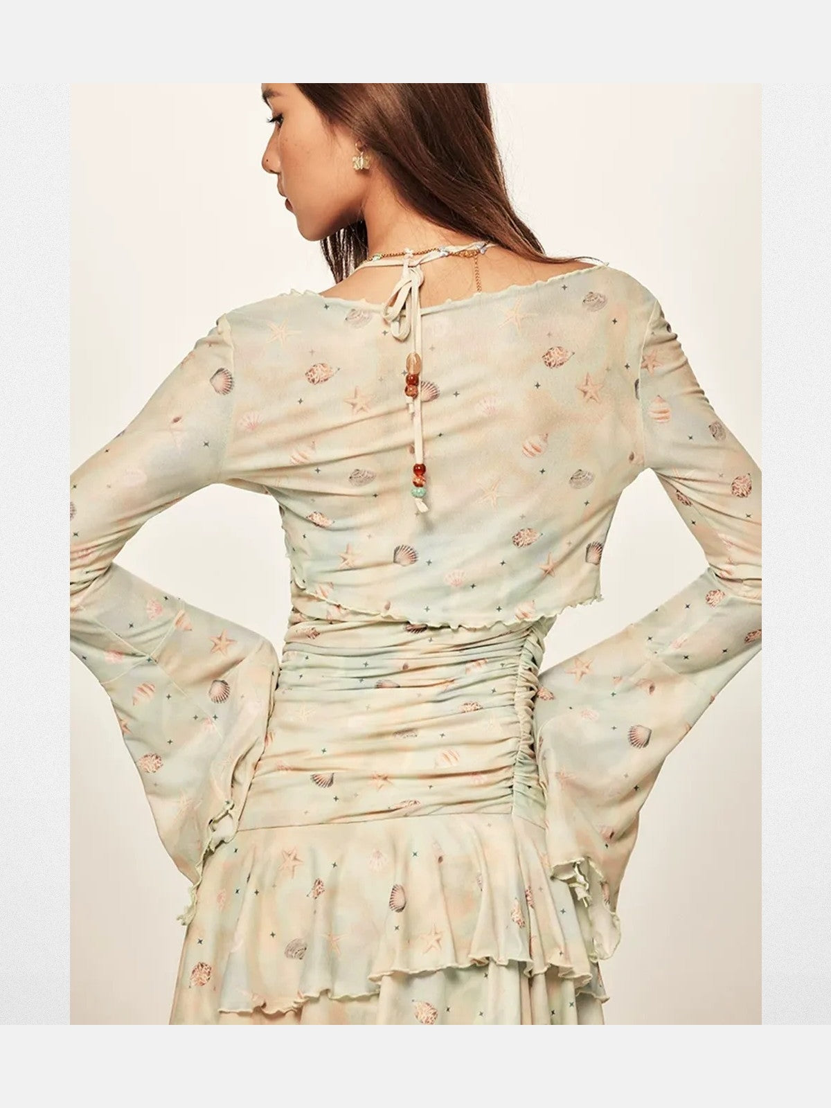 BeerBro Beaded Shell Print Mesh Dress in Mint - On Model