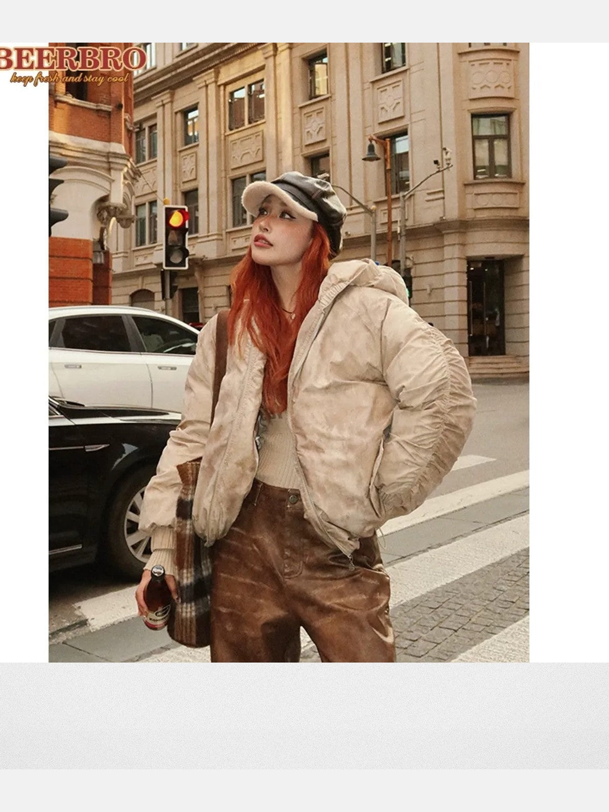 BeerBro Washed Cotton Ruched Puffer in Beige - On Model