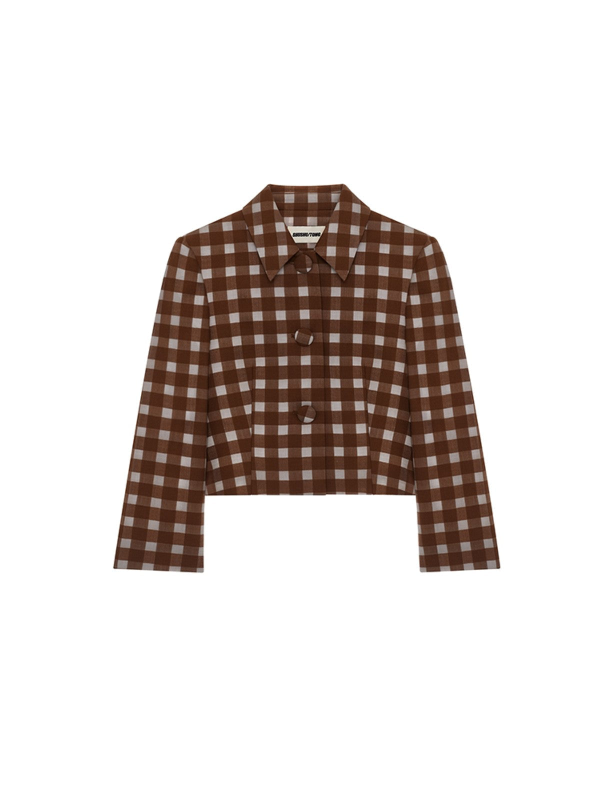 SHUSHUTONG Checked Lambswool Cropped Jacket in Brown