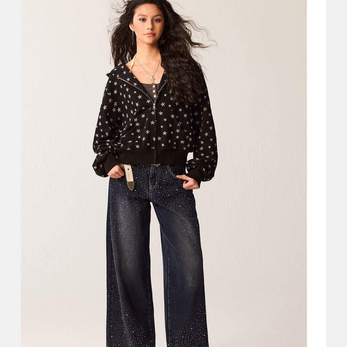 Beer Bro Allover Star Print Zip Up Hoodie in Black - On Model