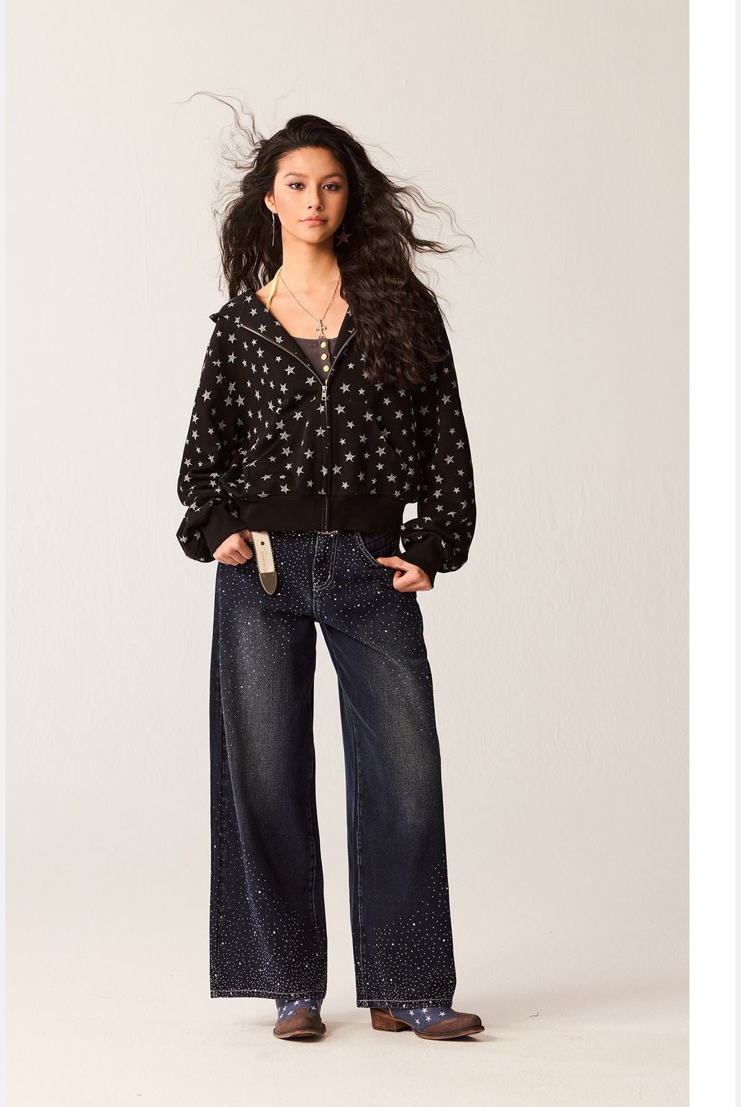 Beer Bro Allover Star Print Zip Up Hoodie in Black - On Model