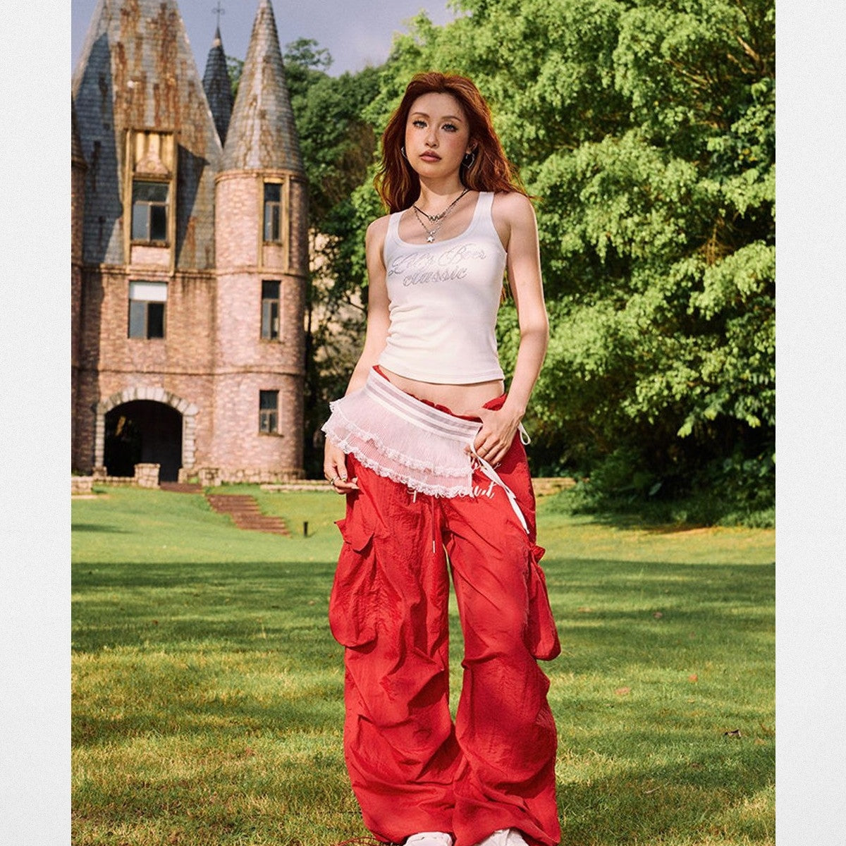 BeerBro Graphic Baggy Cargo Pants in Red - Lifestyle