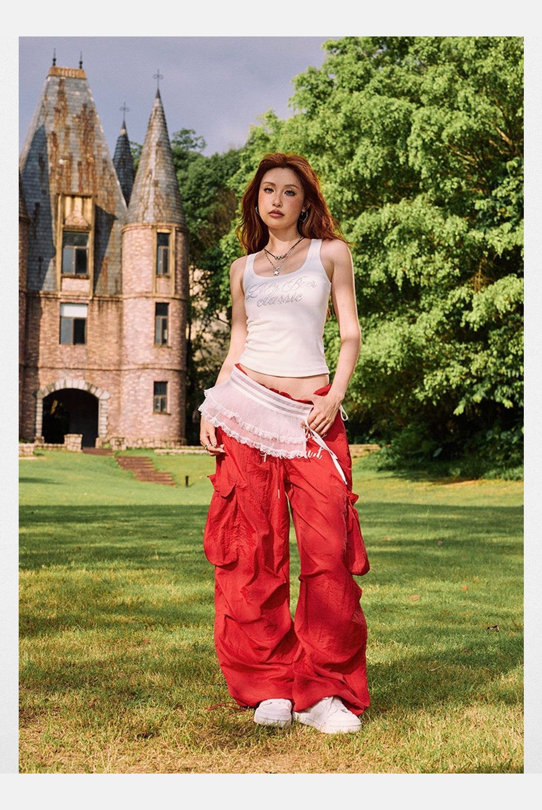 BeerBro Graphic Baggy Cargo Pants in Red - Lifestyle