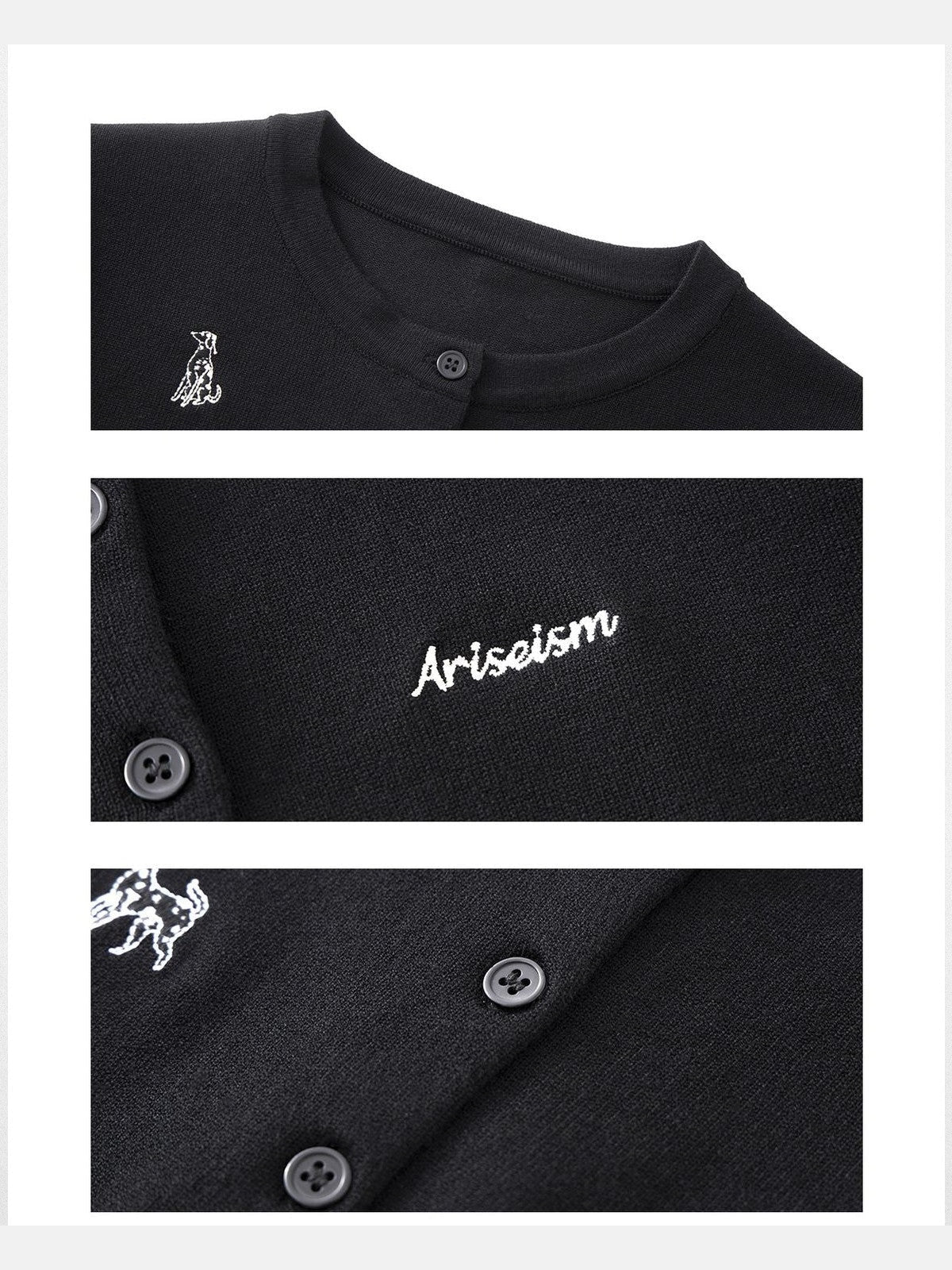 Ariseism Puppy Embroidered Knit Cardigan in Black - Detail
