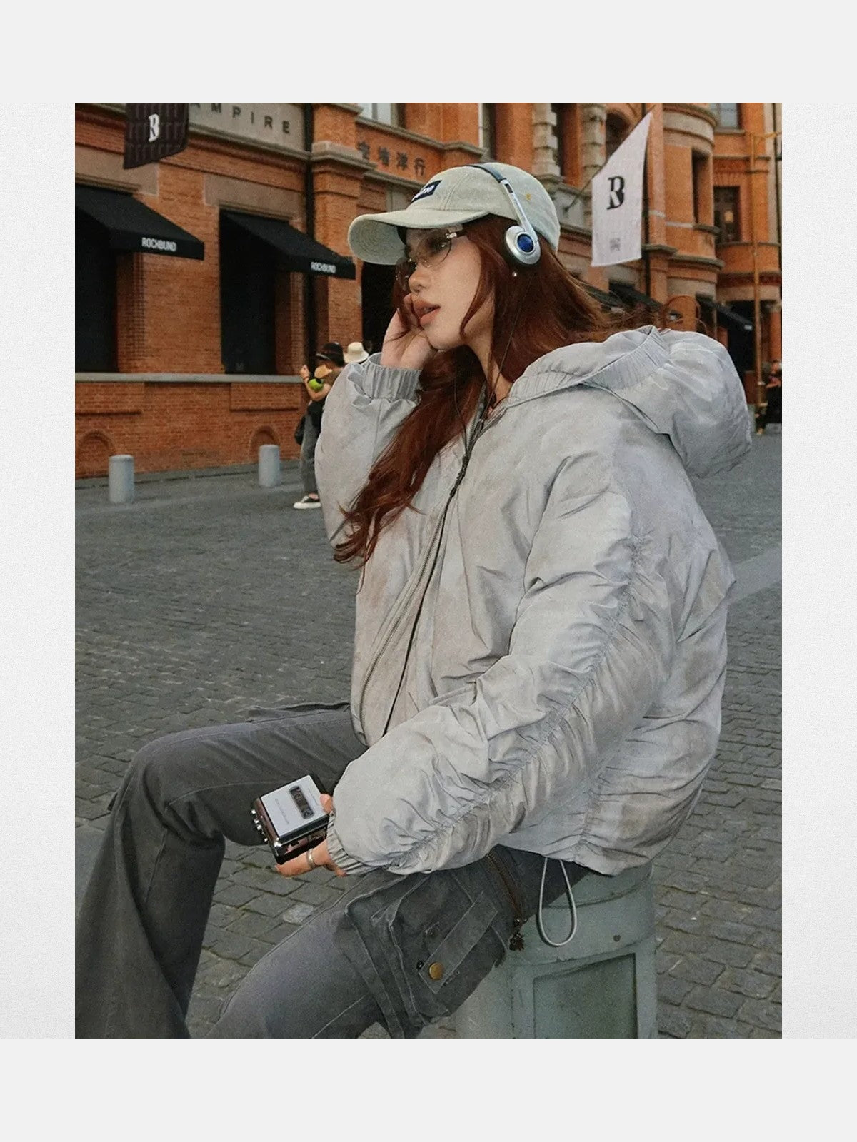 BeerBro Washed Cotton Ruched Puffer in Gray - Lifestyle