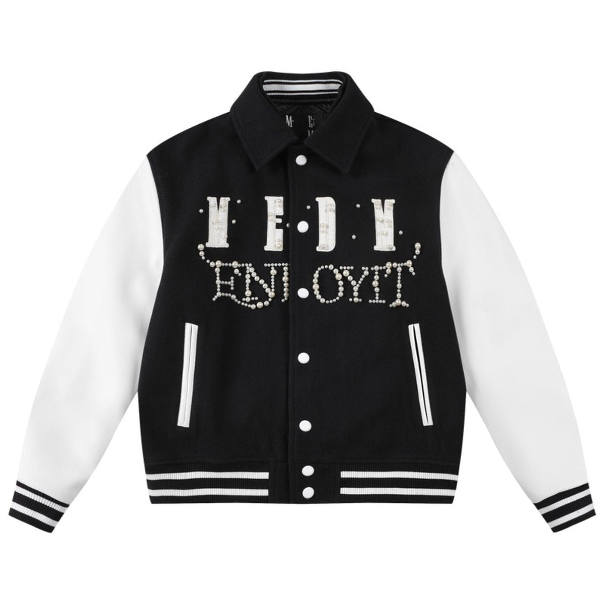 MEDM Pearl Logo Collared Varsity Jacket in Black