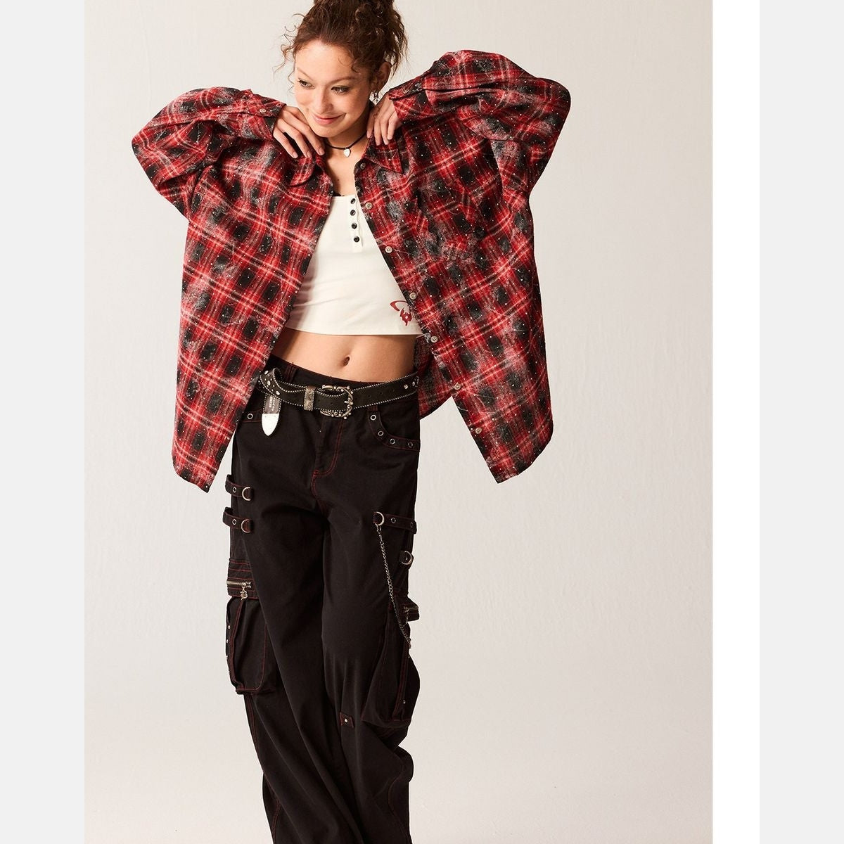 Beer Bro Rhinestone Plaid Shirt Jacket in Black - On Model