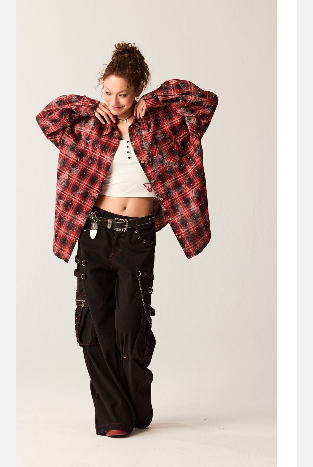 Beer Bro Rhinestone Plaid Shirt Jacket in Black - On Model